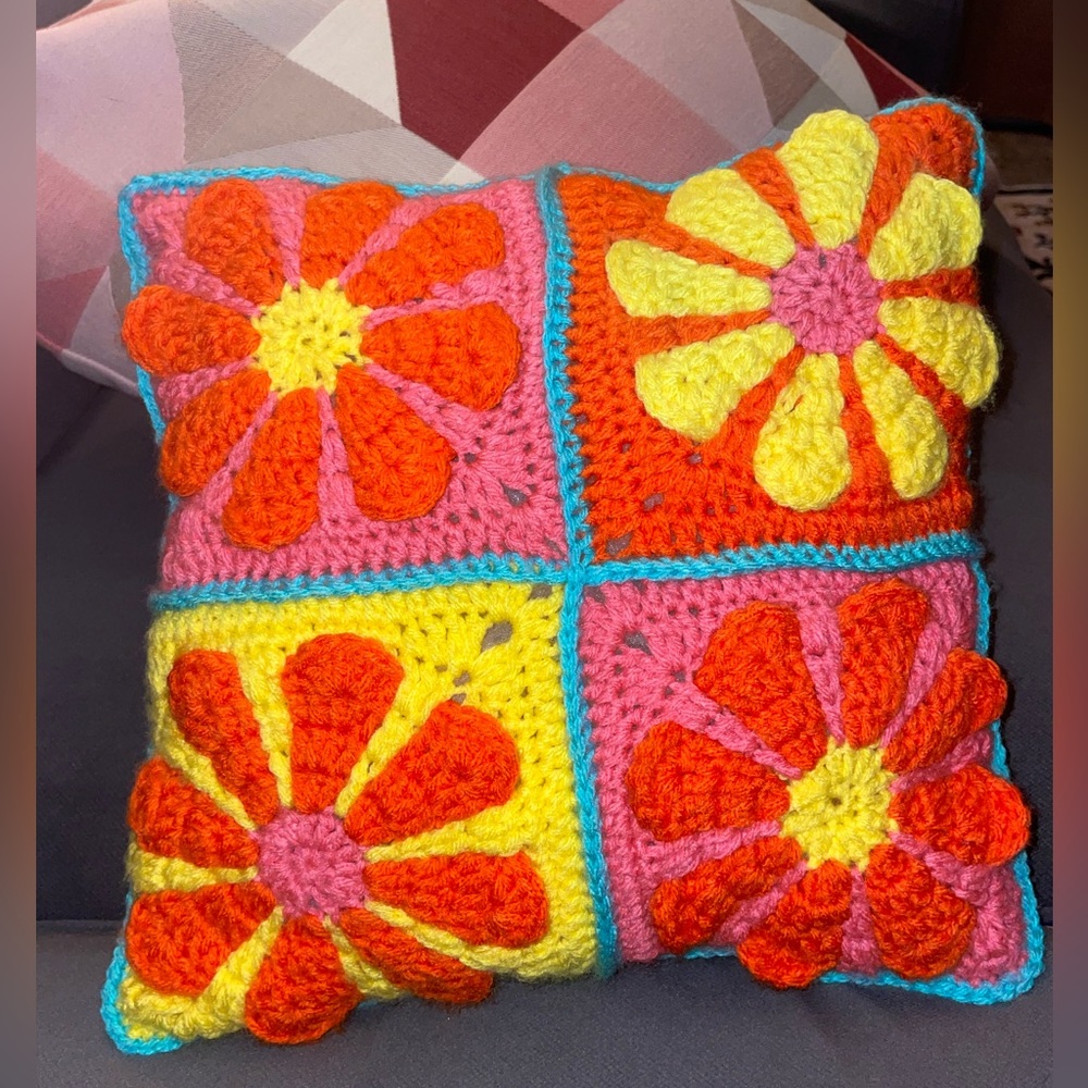 Handmade crocheted retro flower pillow